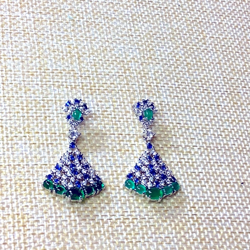 Silver Fan-Shaped Colored Stones Stud Earrings